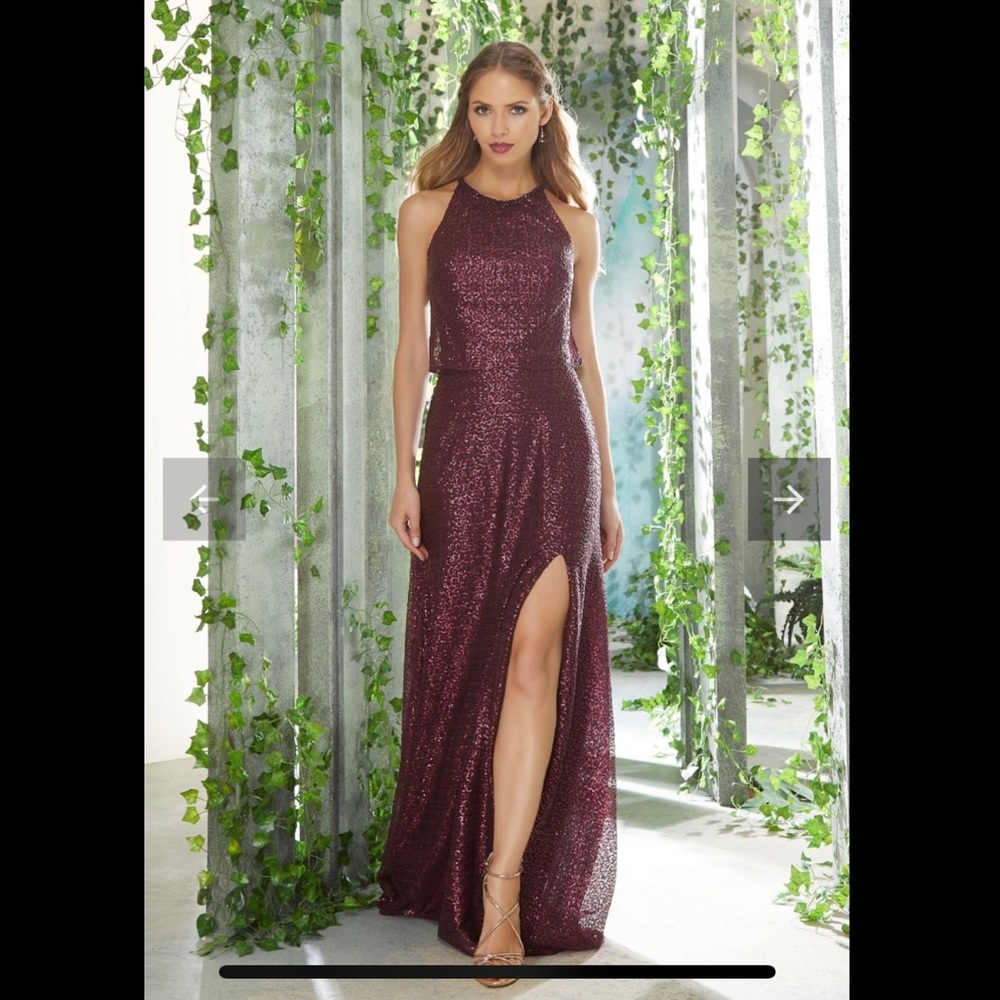 Mori Lee Caviar Mesh Bordeaux Sequin Beaded Formal Long Dress Size 12